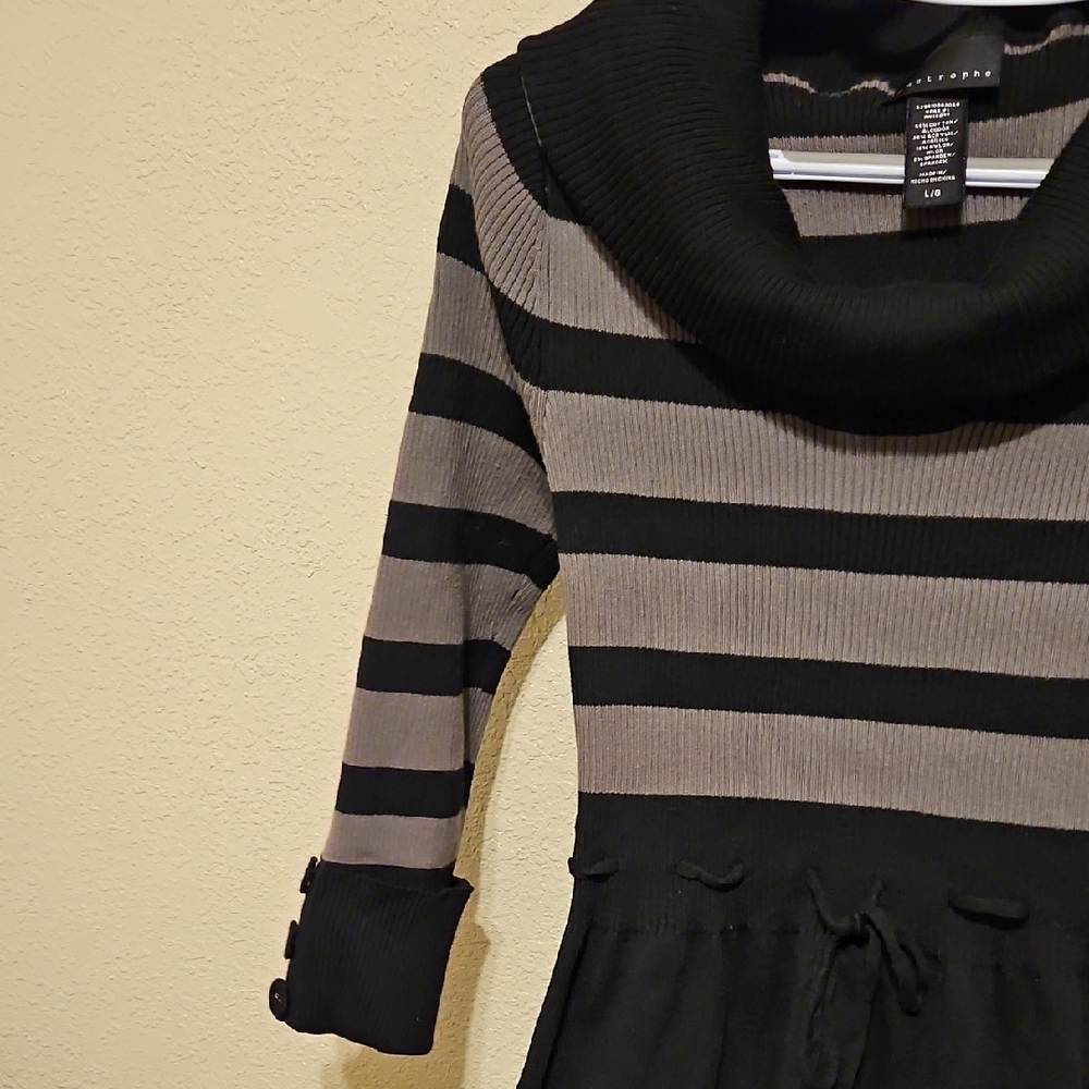 Apostrophe Black and Gray Striped Sweater Dress with Cowl Neck - Picture 6 of 11